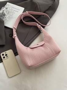 Fashionable Pleated Niche Handbag For Women, Summer New Shoulder Underarm Bag, Crossbody Square Crescent Bag - Pink - View 9