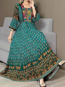 波西米亚风刺绣印花连衣裙，复古休闲度假风春假装 - 綠色 - 查看 4