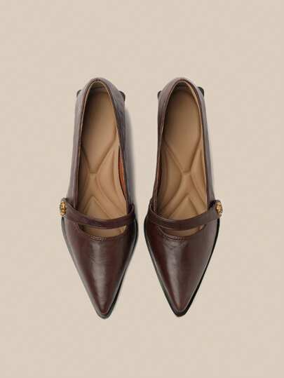 春季新款山茶花扣带，棕色粗跟尖头玛丽珍鞋，适合通勤、派对、婚礼和日常工作 - 百搭时尚，浅口易穿的玛丽珍高跟鞋工作鞋，一脚蹬高跟鞋