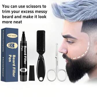 Bolígrafo para rellenar barba y tijeras recortadoras de barba - Crea fácilmente una barba y línea de cabello natural, bolígrafo recargable para dar forma a la barba, resistente al agua y al sudor