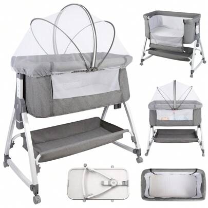 4-in-1Kinderreisebett, Babywiege, Baby Wippe, Multifunktionales Babybett und Wickeltisch, Matratze, Netz, Aufbewahrungskorb, höhenverstellbar, 0 – 24 Monate