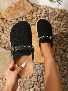 2025新款厚底编织穆勒鞋，一脚蹬复古波西米亚风沙滩凉鞋，女士度假渔夫鞋