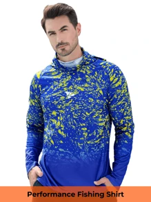 RODEEL Men's Hooded T-Shirt With Face Mask Gradient Printed Raglan Quick-Drying Breathable Long Sleeves Suitable For Outdoor Sports Fishing And Hiking