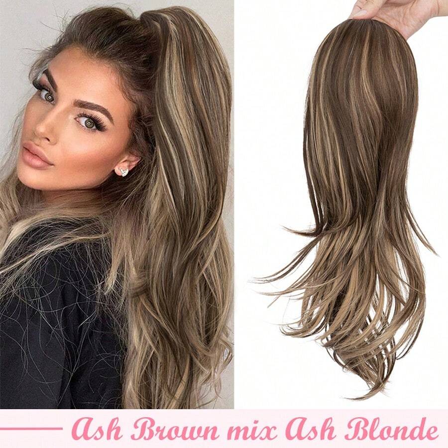 22inch/55cm Drawstring Ponytail Extension Multi-Layered Hairpieces Stand Up High Pony Tails Long Straight To Curly Hair Extensions Clip In Ponytails Highlight Soft Natural Synthetic Hairpiece Black Ash Brown Blonde For Daily Party Halloween Christmas - Ash Brown mix Ash Blonde - Xem 1