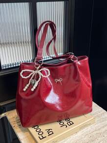 1 件女式裂纹 PU 皮革大容量手提包，配有链条肩带，适合女孩、女士、大学生、职场初学者和白领，非常适合工作、商务、通勤、上学 - 酒紅色 - 查看 6