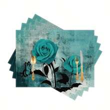 4 piezas, empacadas en 6 piezas, Individuales de mesa, diseñados con un patrón de rosa azul oscuro sobre lino, individuales de mesa, hechos de poliéster lavable a máquina, tamaño 12 * 18 pulgadas/30 * 45cm, resistentes al calor, adecuados para decoración del hogar, restaurante, decoración de hotel