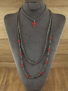 Bộ 4 chiếc/bộ vòng cổ dài đính hạt giả ngọc lam & đỏ cổ điển, phong cách Boho Cowgirl, quà tặng hoàn hảo cho sinh nhật, năm mới, ngày lễ tình nhân, phong cách nghỉ dưỡng miền Tây/Cowgirl, hạt Bohemian cổ điển - Đỏ - Xem 8