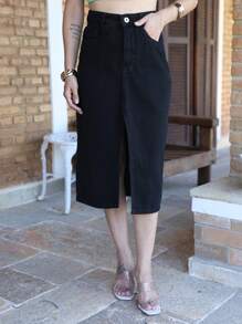 New Women's Slit Denim Skirt With Belt - 黑色 - 查看 3