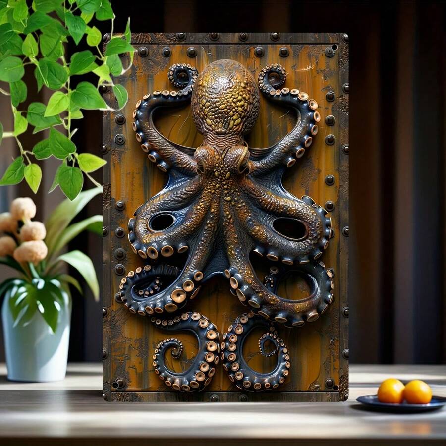 Room Decor 1pc Antique Octopus Iron Metal Sign, 8x12 Inches, Vintage Nautical Wall Art, Industrial Style Decor For Living Room, Dining Area, Cafe, For Man Cave, Bar, Farmhouse, Garage - Multifunctional Tin Sign With Chinese Text, Perfect For Room Decor - 白色 - 查看 1