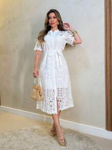 Guipure Dress With Sash - 白色 - 查看 1