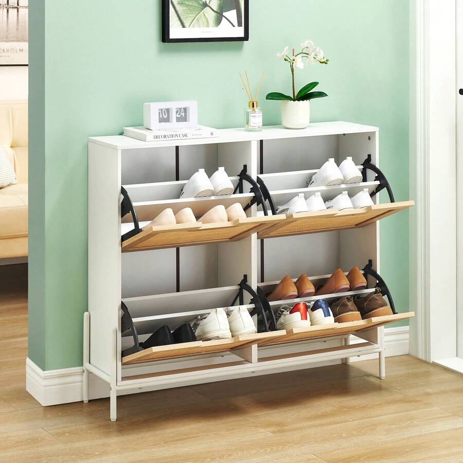 Natural Rattan 4 Flip Door Shoe Cabinet Organizer Freestanding,Modern Shoe Rack Storage Organizer With 3-Tier Adjustable Shelves - White - View 1