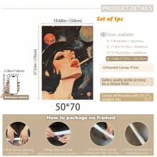 1 件，帆布挂画，带框装饰画，海报，墙壁艺术，复古太空吸烟女人艺术印刷品，宇宙嬉皮科幻海报，现代复古风格，家庭办公室、卧室、客厅、厨房、浴室的帆布墙壁艺术，卡通设计，春季 - 彩色 - 查看 16