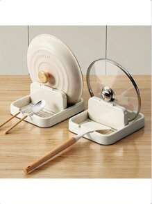 A Kitchen Pot Lid Holder, Countertop Folding Utensil Holder, Spoon And Spatula Pot Holder, Plastic Storage And Organization Rack - Beige - View 4