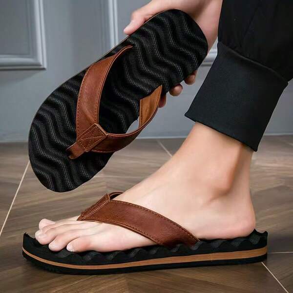 Men's Summer Flip Flops, Casual Thong Sandals With Wave Massage Sole, Non-Slip Beach Slippers, Fashionable Flat Casual Men's Sandals, Versatile
