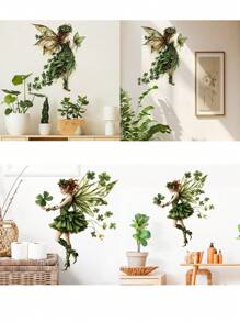1pc Home Decorations Mid-Century Modern Fairy And Butterflies Wall Decals - PVC Self-Adhesive Fantasy Themed Cartoon Wall Stickers For Living Room Bedroom Decor - Single Use, Mid-Century Fantasy Wall Art Decorations, Vinyl Decal For Home Decorations, Wall Decoration Items Refresh Your Home - Dark Green - View 1