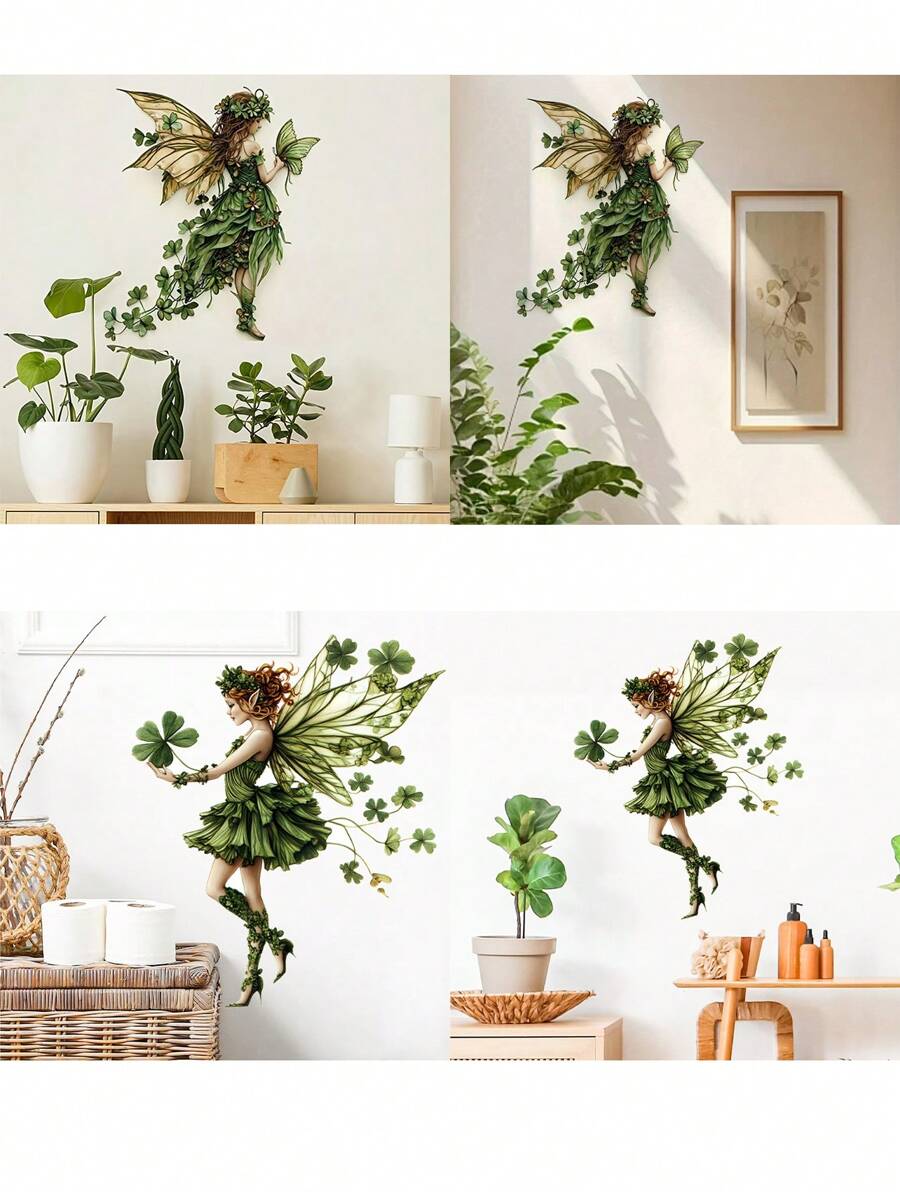 1pc Home Decorations Mid-Century Modern Fairy And Butterflies Wall Decals - PVC Self-Adhesive Fantasy Themed Cartoon Wall Stickers For Living Room Bedroom Decor - Single Use, Mid-Century Fantasy Wall Art Decorations, Vinyl Decal For Home Decorations, Wall Decoration Items Refresh Your Home - Dark Green - View 1