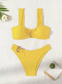Set 2 Buah Aksesori Modis & Seksi dengan Desain Potongan Rendah Berwarna Kulit, Musim Semi/Panas - Kuning - View 1