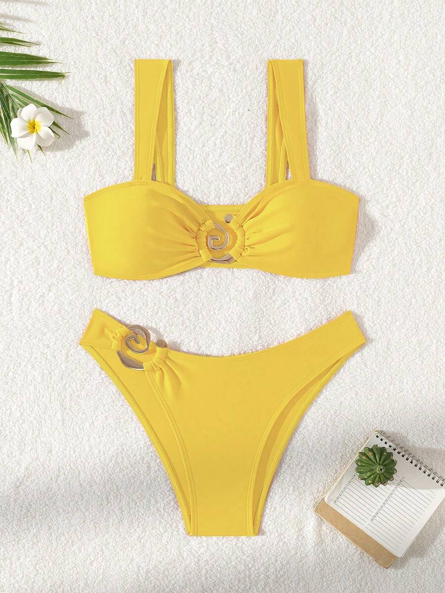 Set 2 Buah Aksesori Modis & Seksi dengan Desain Potongan Rendah Berwarna Kulit, Musim Semi/Panas - Kuning - View 1