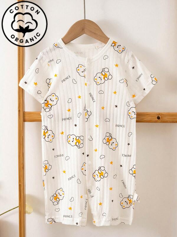 1pc Baby Boy Jumpsuit, Cute Cartoon Bear Print, Jacquard Fabric, Newborn Jumpsuit, Short Sleeve Sleepwear For Home Use, Summer