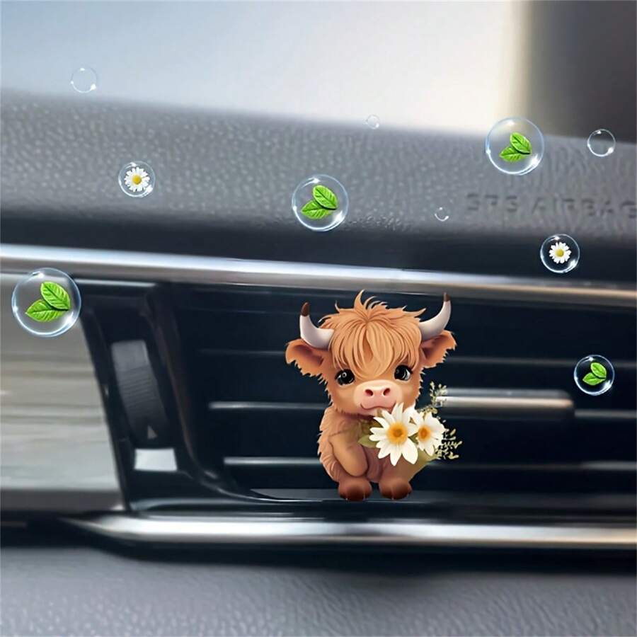 可爱高地牛汽车空气清新剂 - 2D 平面亚克力汽车空调香薰扩散器，装饰性棕色小牛和花朵通风口夹，配有两个香味垫，除臭 + 随机香味，汽车内饰装饰 - 清新汽车空气清新剂配件，送给家人和朋友的完美礼物