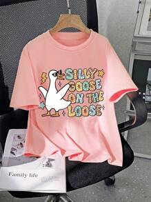 Camiseta de manga corta con cuello redondo y estampado de pato de dibujos animados y eslogan, para niñas, para primavera y verano, camiseta casual para niños - Rosa - Ver 3
