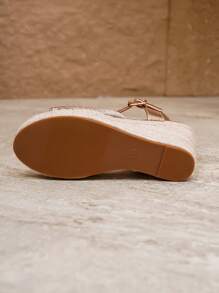 Sandalias de tacón alto de champán con detalles tejidos para mujer, sandalias de plataforma de verano con tira de tobillo y suela de yute, sandalias de cuña para vacaciones y uso al aire libre - Champán - Ver 8