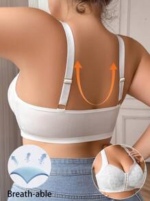 Sujetador inalámbrico de talla grande para mujeres con cierre delantero de encaje - Blanco - Ver 3