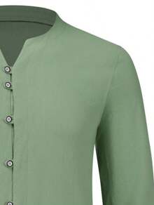 tooluck Mens Long Sleeve Linen Shirt Button Up Loose Fit Vintage Shirts Banded Collar High Elastic Tops Henley Shirt - xám xanh - Xem 4