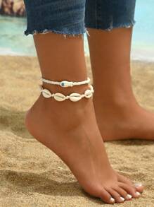 2pcs Bohemian Ocean Style Pearl Seashell Ceramic Fish Anklets Set, Casual Beach Summer Resort Accessory