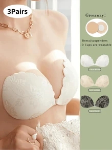 3 Pairs Of Lace Self-Adhesive Bras In Different Colors, Invisible Self-Adhesive Bras (With Free Transparent Shoulder Straps And 2 Breast Stickers), Backless Push-Up Bras, Reusable Silicone Covers, Nipple Bras - Multicolor - View 2