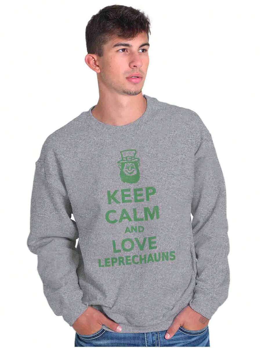 BRISCO BRANDS St Patrick's Day Graphic Fleece Lined Crewneck Pullover Sweatshirt Saint Paddy's Day Funny Sarcastic Keep Calm And Love Leprechauns Casual Everyday Cotton Printed Thermal Lined Jumper - Sport Grey - 查看 1