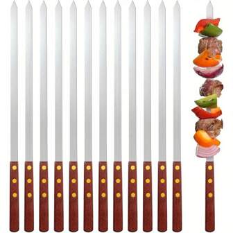 12 pièces Brochettes de barbecue en acier inoxydable, brochettes de BBQ multifonctionnelles en métal avec poignées en bois, brochettes réutilisables pour la cuisson en plein air, la cuisson de poulet, de viande, de légumes