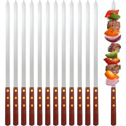 12pcs Stainless Steel Barbecue Skewers, Multi-Functional Metal BBQ Skewers With Wooden Handles, Reusable Skewers For Outdoor Cooking, Grilling Chicken, Meat, Vegetables