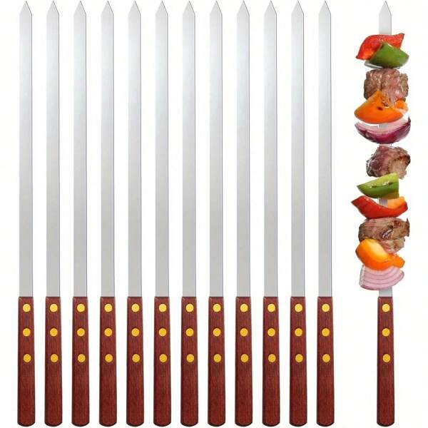 12 piezas de Pinchos de barbacoa de acero inoxidable, pinchos metálicos multiusos para barbacoa con mangos de madera, pinchos reutilizables para cocinar al aire libre, asar pollo, carne, verduras