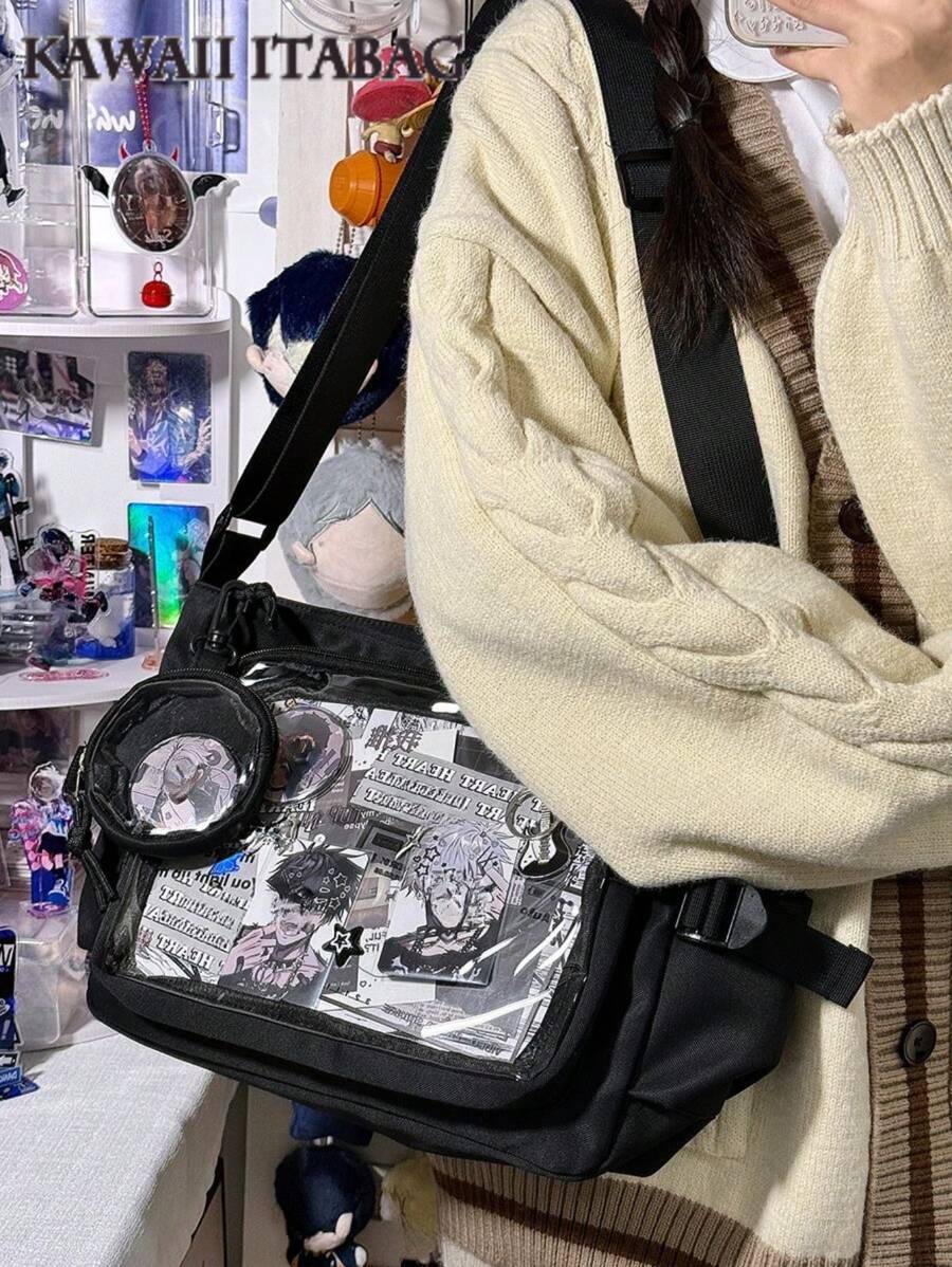 Cute-Lolita Shoulder Bag Nylon Messenger Bag Girl Y2K Japanese Girls Back To School Crossbody Bags Women New 2025 Bag With Mini Badges Round Bag Clear Bag Transparent DIY PUT Badges Cards Bag With Badges Display Plate Fashion Japanese College Student Book Bag Hot Bag JK Handbags Purses And Handbags Tote Friends Gifts Candy Color Bag, Bow - Black - View 1