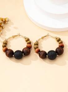 1 Pair Women Wooden Beads Hoop Earrings, Suitable For Daily Wear, Autumn/Winter - Brown - View 6