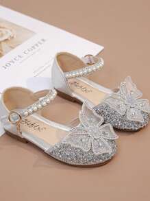 1 双时尚百搭粉色女孩珍珠和水钻蝴蝶结装饰可爱平底凉鞋，圆头，适合日常穿着、跳舞、户外，亮片装饰包头公主鞋，尺码偏小半码，春秋季 - 銀色 - 查看 4