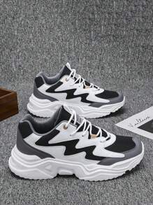 Men's Letter Graphic Color Block Lace-Up Sneakers, Stylish Thick Sole Shoes For School, Students Casual Sports Shoes, Road Running Trainers - 灰色 - 查看 2