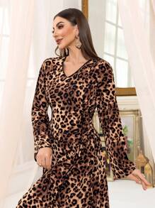 Women Leopard Print Tunic Waist Long Sleeve Dresses Elegant Long Sleeve Robe Abaya Modest Kafftan Jalabiya Arabian Dresses Ramadan Style For Summer Dresses