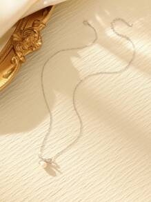 1pc Elegant Cultured Freshwater Pearl & Cubic Zirconia Silver Jewelry Bow Pendant 925 Sterling Silver Necklace, Suitable For Women Everyday Wear - Silver - View 1