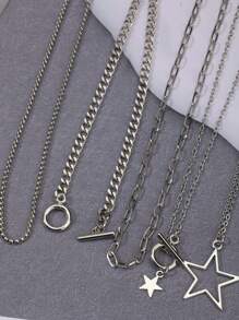 5 件 Y2K 复古哥特式朋克摇滚风格星形多层项链，女士百搭朋克星形颈链套装 - 銀色 - 查看 4
