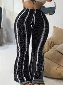 Plus Size Fashion Casual Geometric Print Flare Pants Spring Black - Black - View 1