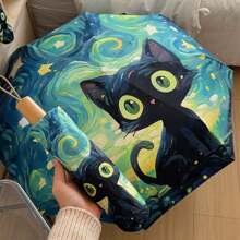 [Van Gogh Inspired, Folding Umbrella] 1pc Black Cat Pattern Folding Umbrella - Van Gogh Inspired, Casual Cute Fashion Style, Manual Open, 8 Ribs, Pongee & Iron Material, Foldable Sunshade With UV Protection