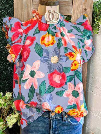 Blusa de mujer de estilo francés con cuello con volantes, estampado floral, chaleco sin mangas, retro, casual, ropa de oficina, camisa de maestra, estilo de los 70, minimalista, blusa de primavera y verano 2025