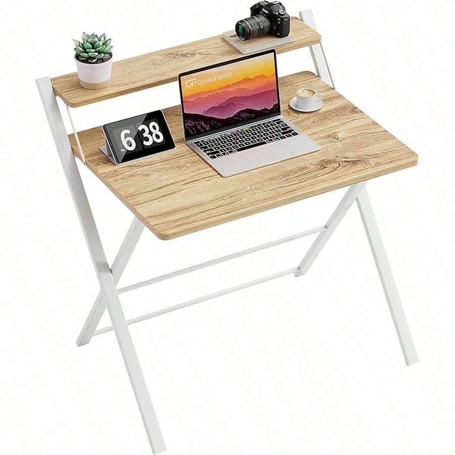 Folding Desk No Assembly Required Small Size, 2-Tier Foldable Computer Desk With Shelf For Home Office, Space Saving Portable Laptop Study Foldable Table For Small Spaces, Oak - Oak - View 1