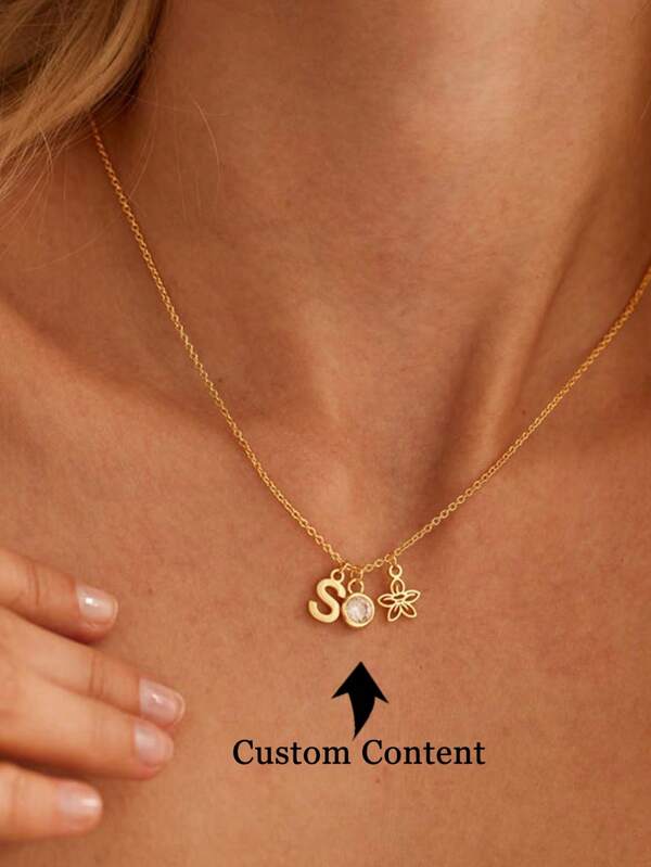 1pc Personalized Customized Flower Initial Birthstone Necklace With Birthflower, Charm Pendent Necklace Gold, Stainless Steel Letter Necklace Birthflower Necklace, Custom Summer Jewelry, Mother's Day Gift,Chic Autumn,Jewelry & Watches,Customized Fashion Word Necklaces