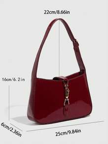 1pc Burgundy Lacquered Leather Handbag, A Simple Lock Closure Square Bag, Shoulder Bag, Vintage Wine Red, Black, Lacquered Leather Small Square Bag, Underarm Bag, Gift Bag, Suitable For All Women, Fashionable Burgundy Bag , Burgundy Bag - Multicolor - View 5