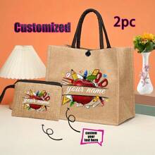 Regalo personalizado para maestros con impresión de nombre personalizado | Conjunto de bolsa de compras reutilizable de lino caqui y yute, y billetera | Detalles en metal negro para la Semana de la Enfermera/Día de la Madre/Apreciación a Maestros | Bolso multiuso para la playa y organizador de viaje