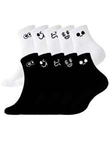 5 pares de calcetines casuales de longitud media con estampado de expresión de dibujos animados para parejas para uso deportivo y al aire libre