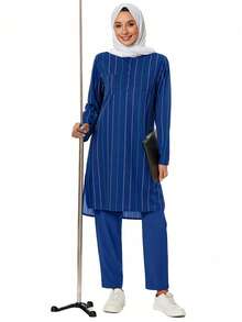 cimmuovere 宽松休闲日常条纹长袖上衣（3 个口袋）+纯色裤子（2 个口袋）手术制服套装，适合医疗保健、牙科诊所、美容院、心理学家 - 寶藍色 - 查看 6